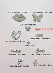 10Pcs/Set Sweet Cool Luxury Designer Bling Silvery Wishing You Good Luck Letter Full Diamond Shining Mouth Butterfly Hollow Pearl Heart Star Bow Cherry Resin Charm Smile Love Words Junk Phone Case Computer Storage Box Makeup Mirror Water Bottle Home Decoration Charms Accessories Kawaii Diy Hairpin Shoe Buckle Crafts - Bạc - Xem 9