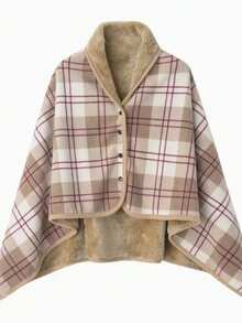 1件加厚双层格子法兰绒披肩毯，多功能，居家办公皆宜，可作休闲毯、孕妇毯、保暖斗篷、围裙、披毯，是送给女性的绝佳礼物，适合秋冬季搭配连衣裙。