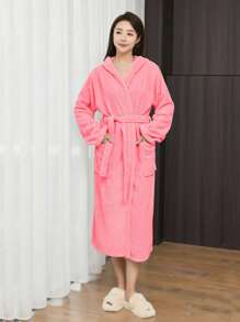 1 pieza Bata de baño de felpa Coral disponible en varios colores con diseño de estilo 3D de piña o liso, con capucha, cinturón y bolsillo para mujer. Toalla utilizable, toalla de baño, bata larga con capucha, bata de baño para mujer, ultra suave, absorbente, cálida, ropa de dormir, ropa de estar por casa unisex, apta para hogar, hotel, baño, dormitorio, spa, piscina, fiesta, para regalo de temporada, vuelta al colegio