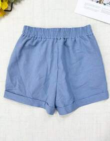 Women's Short Linen Shorts With Elastic Waistband - Blue - View 3