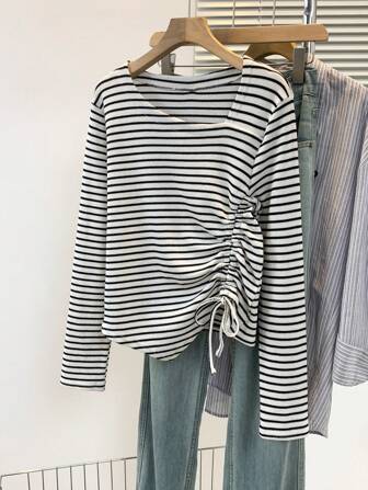 秋冬新款条纹抽绳休闲家居休闲基本款不对称剪裁修身T恤上衣