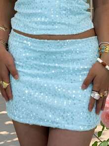 Sequin Mini Skirt For Women Summer Fashionable Versatile Solid Color Low Waist Bodycon Skirt