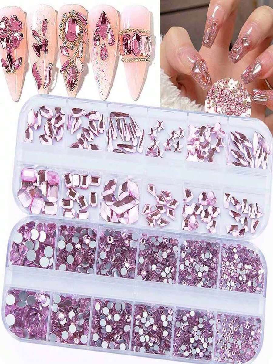2 盒，24 格，浅粉色美甲水钻，12 格不对称 + 12 格圆形混合尺寸美甲钻美甲宝石适用于手机家居和沙龙，闪亮 DIY Y2K 美甲装饰美甲用品宝石指甲美甲饰品