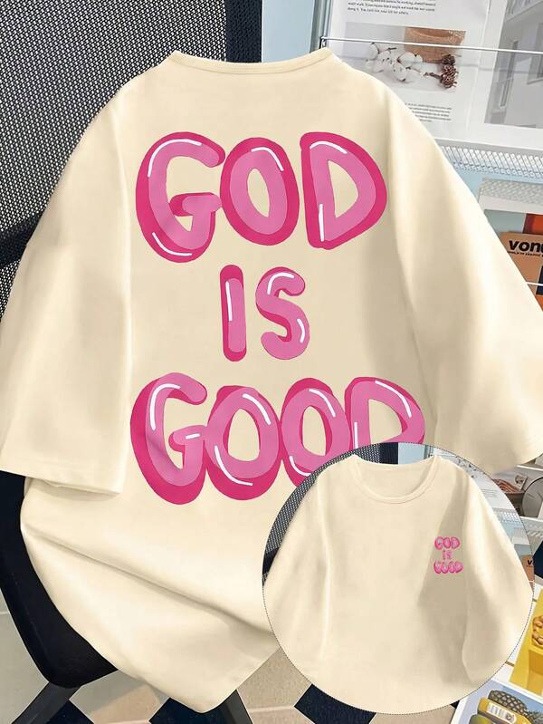 Letter God Is A Good Pattern Printed Short-Sleeved Round Neck Summer And Spring Casual, Fashionable Women's Comfortable T-Shirt, Casual Everyday,Plus Size Women Clothes,Autumn Plus Size,Plus Size Fall Clothes Women,Plus Size Autumn Clothes,Going Out Tops Women,Winter Tops For Women