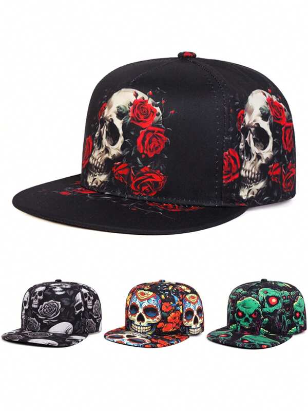 2025 Fashion New Printed Skeleton Flat Edge Hat Street Hip Hop Hat Outdoor Leisure Activity Decoration Hat Outdoor Sports Cycling Sunshade Hat Male Female Same Baseball Hat Skateboard Hat Suitable For Daily Life, Festivals, Activities, Parties Wear Decoration
