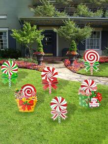 6 pièces - Décorations de Noël en bonbon, panneaux de jardin extérieur en plastique en forme de sucette menthe poivrée avec piquets pour la décoration extérieure de Noël, allée, pelouse - Multicolore - Voir 1
