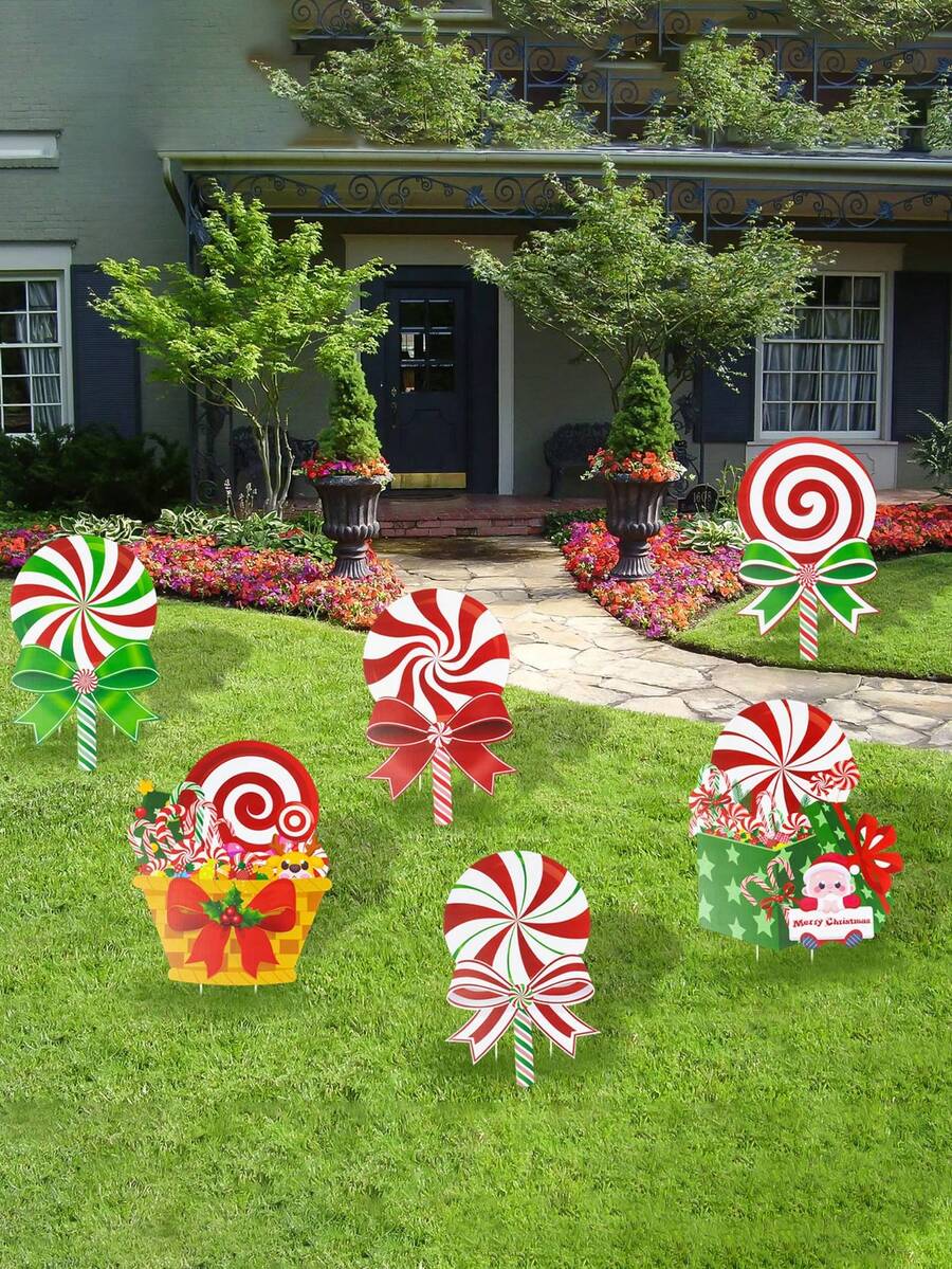 6 pièces - Décorations de Noël en bonbon, panneaux de jardin extérieur en plastique en forme de sucette menthe poivrée avec piquets pour la décoration extérieure de Noël, allée, pelouse - Multicolore - Voir 1