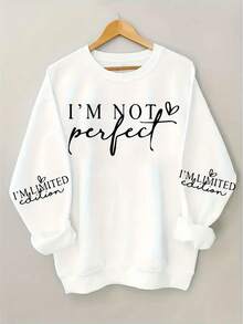 Letter Print T-Shirt, Long Sleeve Crew Neck Casual Top For Spring & Fall, Plus Size Women's Clothing White - White - View 1