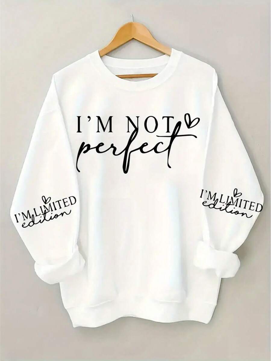 Letter Print T-Shirt, Long Sleeve Crew Neck Casual Top For Spring & Fall, Plus Size Women's Clothing White - White - View 1