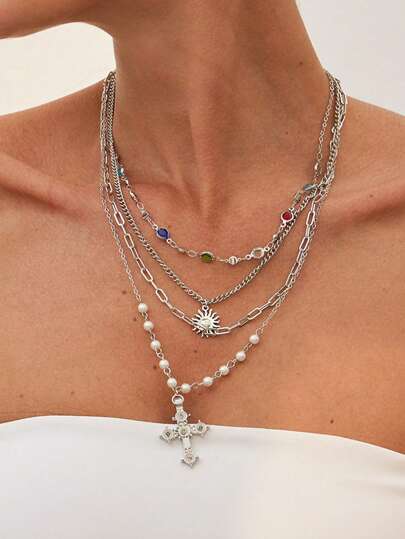 4-In-1 Vintage Elegant Fashion Bohemian Retro Coin Faux Pearl Bling Bling Colorful Crystal Heart Sunflower Cross Tassel Long Necklace Set, Unique Personality Layered Y-Shaped Choker Necklace For Women, Suitable For Summer, Party, Date, Daily Wear