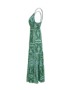 Vestido bohemio de estilo veraniego nuevo para mujer, con cuello en V y cintura alta con estampado floral disperso