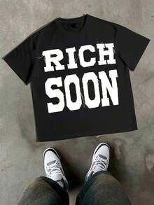 1PCS RICH SOON, Gritty Wealth Tee: Distressed "RICH SOON" Lettering, Spring/Summer/Fall Men Clothes, Regular Fit Shirt, Christmas & Halloween & Thanksgiving Day & Valentine's Day & Pride & Father's Day & Easter & Mother's Day & New Year & Spring Festival, Men's Round Neck Printed Short Sleeve Casual Everyday T-Shirt, They Are Excellent Gifts For Friends And Family, 100% Cotton T-Shirts Feature, A Youthful And Fashionable Design, Graphic Tees Men, Graphic Tees Women, Cachorro Feliz, Back To School - Black - View 1