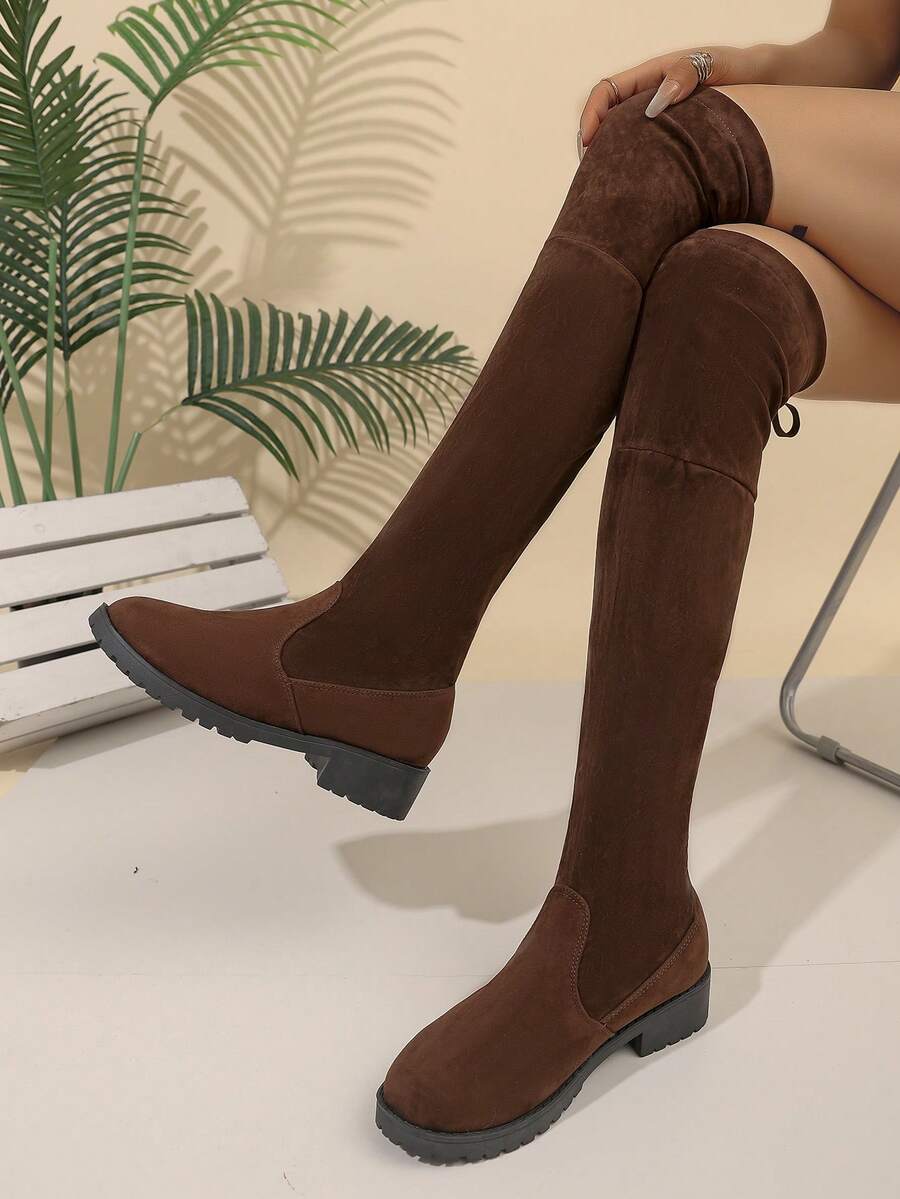 Breezelady New Chunky Heel Pointed ToeVersatile Over The Knee Boots, BrownThigh High Boots, Flat Platform BootsFor Women ,Match With SweaterDress - màu nâu - Xem 1