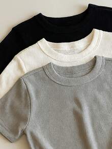 Kit 3 Short Sleeve Ribbed Blouses For Women, Basic, Elegant, Summer - Gray/White/Black - View 3