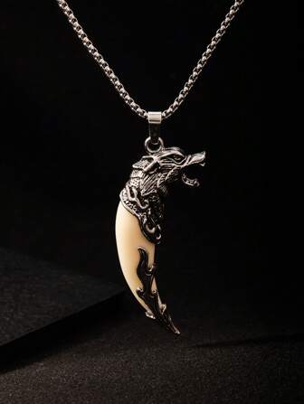 1 pieza Colgante de collar con diente de lobo simulado de estilo retro y dominante para hombres, joyería de acero inoxidable con cabeza de lobo personalizada de estilo hip-hop, regalo para fiesta de cumpleaños, Navidad u Halloween