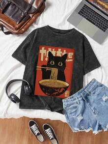 Áo thun nữ tay ngắn cổ tròn in hình mèo con ăn mì đơn giản, thoải mái, dễ thương, thường ngày, rộng rãi, chất liệu cotton giặt, dễ thương mùa hè - màu đen - Xem 2