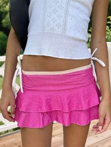 Layered Ruffle Mini Skirt For Women Summer Dots/Stripe/Heart Print/Solid Color High Waist Short Skirts - 玫瑰紅 - 查看 3