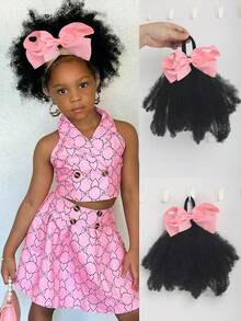 1pc Soft & Cute 8-Inch Fluffy Wig With Colorful Bow, Suitable For Children, Elastic Hair Scrunchie Twist Ponytail, Mini Size, Elastic Fluffy Wig, Fit For Baby Girls - Natural Black - View 10