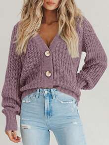 Women's Fall Chunky Knit Open Front Sweater Long Sleeve Button Loose Short Cardigan Outerwear Coats - Sương mù xanh tím - Xem 5