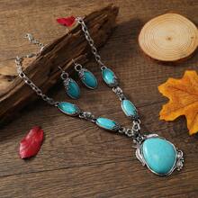 3 件波西米亚风格首饰套装 - 银色合金项链和绿松石耳环 - 女士复古波西米亚风格配饰，海滩度假