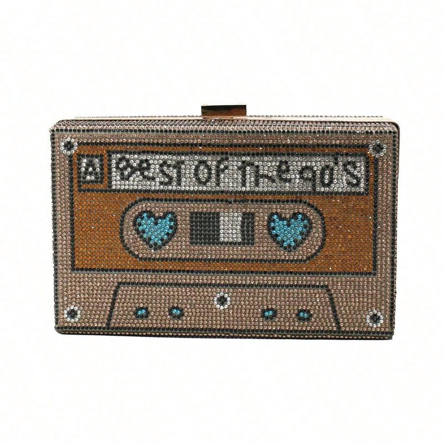 Women Retro Radio Tape-Shape Rhinestone Clutch Purse Glitter Evening Bag For Party Wedding - 棕色 - 查看 1