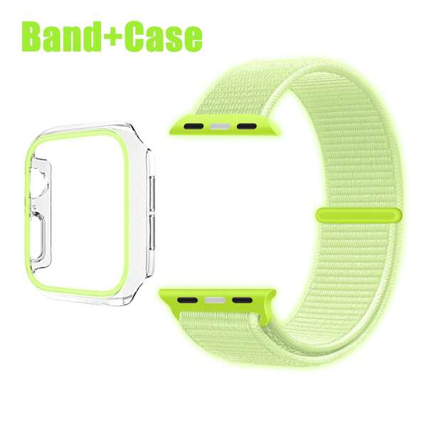2Pcs/Set Hard PC Bumper Luminous Case Without Screen Protector, Scratch Resistant Protective Frame Edge And Braided Stretchy Solo Loop Compatible With Apple Watch Band 38mm 40mm 41mm 42mm 44mm 45mm 46mm 49mm For Women Men,Nylon Elastic Straps Wristbands Compatible With Apple Watch Ultra 2 Series 10 9 8 7 6 SE 5 4 3 2 1