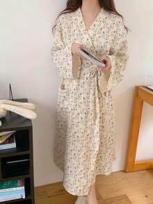 1pc Women Robe House Dress Long Sleeve Sleepwear, Minimalist European Style Spring Autumn Petite Plus Size Thin Solid Color Bathrobes Loungewear