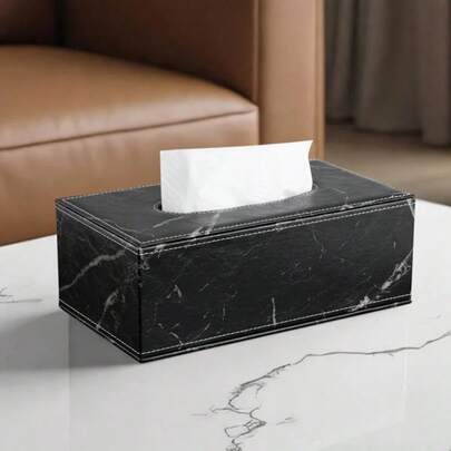 Black Marble Pattern Pu Leather Tissue Box Cover With White Stitching For Car/Home Home Bathroom Decor Bathroom Organizer Fall Decor Back To School