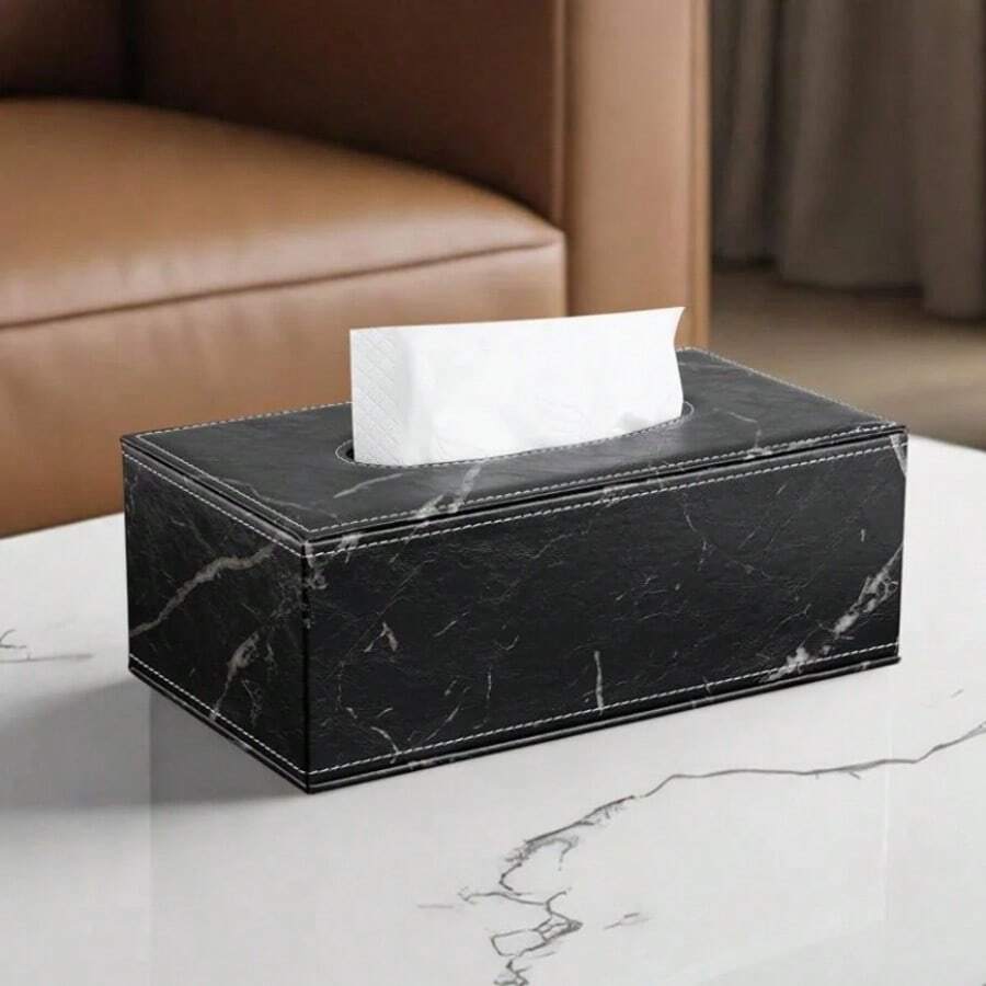 Black Marble Pattern Pu Leather Tissue Box Cover With White Stitching For Car/Home Home Bathroom Decor Bathroom Organizer Fall Decor Back To School - Black and White - View 1