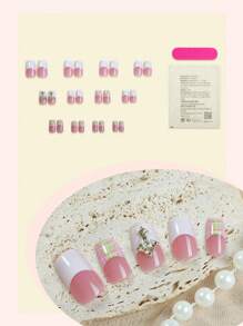 24pcs French Tip Press On Nails Medium Square Press On Nails 3D Golden Cross Metal Accessories With Colored Checkered Lines Decoration Chic Style Surface Glossy Design Full Cover Fake Nails For Women And Girls Daily Wear