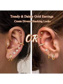 Milacolato Hypoallergenic Gold Stud Hoop Earrings For Women Men Surgical Stainless Steel Flat Back Earrings Small 14K Gold Huggie Hoops Cartilage Earring Set For Multiple Piercing Jewelry Gifts For Women - 彩色 - 查看 9