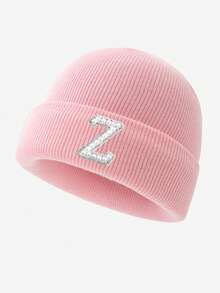 1pc Women's Fashion 26 Faux Pearl Letter Decor Elastic Warm Knit Hat, Outdoor Cold-Proof Cap, Suitable For Autumn/Winter Daily Wear, Matching, Great Gift Autumn Accessories - Pink - View 19