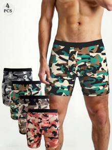 4 件套男士迷彩印花平角内裤套装，长款舒适弹力透气拳击短裤，适合慢跑、运动、健身，多色 - 彩色 - 查看 4