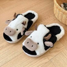 Dép đi trong nhà hình động vật ấm áp dành cho nữ - Dép đi trong nhà hình con bò dễ thương bằng vải cotton ấm áp, Giày đi trong nhà theo chủ đề động vật, Dép đi trong nhà ấm áp mùa đông đế dày mềm mại, dùng trong nhà và ngoài trời - màu đen - Xem 12
