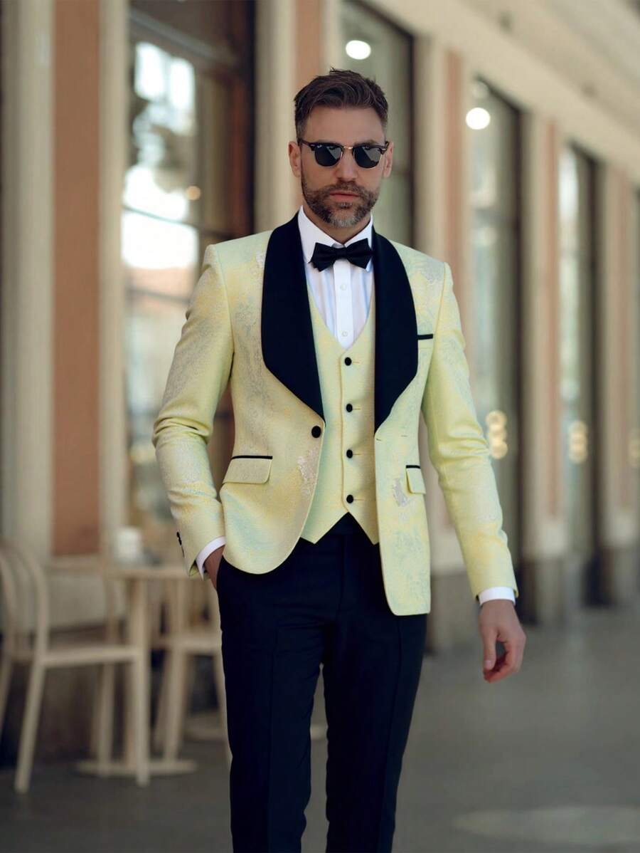 Men's  Gradient Graffiti 3-Piece Suit Set - Blazer, Vest & Stretch Waist Black Pants Edgy & Stylish