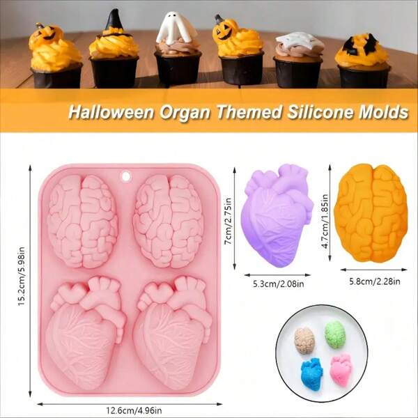 1/2PCS 3D Halloween Silicone Molds - 4-Cavity Realistic Brain, Heart Shapes&Pine Nut Squash,220°C Heat Resistant For Chocolate, Ice Mold,Biscuit, Cupcake Decorating - DIY Baking Tools & Halloween Thanksgiving Day Party Props