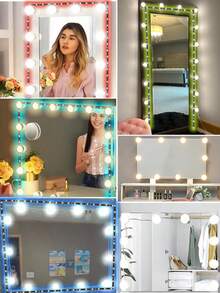 1 套多尺寸 3 色照明化妆镜灯泡和 7 色灯带，USB 供电可调光和可调节装饰镜，房间装饰，梳妆台照明，节日派对灯，LED 灯串，8 个灯泡和 10 个灯泡带 3 米灯带，12 个灯泡和 14 个灯泡和 16 个灯泡带 5 米灯带