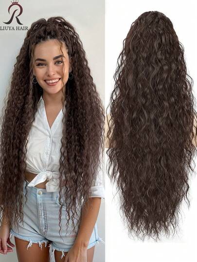 Tóc giả đuôi ngựa dài 28 inch, kiểu gợn sóng xoăn, sợi tổng hợp nhiều lớp chịu nhiệt, tóc giả sợi chịu nhiệt gợn sóng xoăn, unisex, dễ đeo, màu đen nâu, phù hợp cho tiệc tùng và tạo kiểu hàng ngày, phù hợp với mọi tông da, kiểu cơ bản, sợi chịu nhiệt cao, vẻ ngoài tự nhiên.