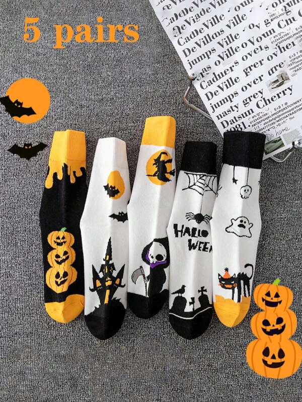 5 paires de chaussettes mi-mollet unisexes avec motif citrouille et fantôme d'horreur, chaussettes confortables, créatives et personnalisées à la mode pour Halloween, port quotidien, fête