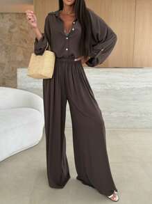 2件套女士休闲纯色前扣衬衫和宽松裤子套装 - 摩卡棕 - 查看 3