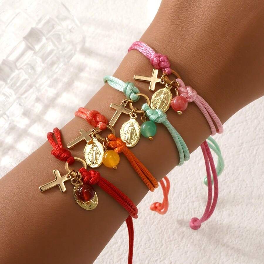 1pc Fashionable Minimalist Gold Cross Bracelet, Jesus Bracelet, Woven Red Rope Adjustable Bracelet, Birthday Gift, Valentine's Day Gift, Anniversary Gift