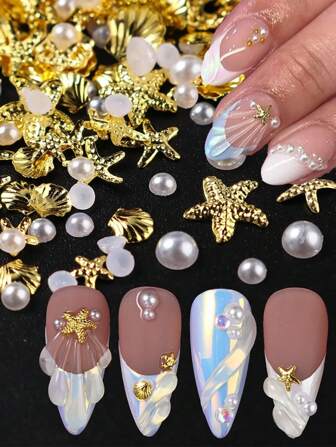 100Pcs Starfish Nail Charms And Gems Summer Ocean Style Nail Art Charms Alloy Seashell Nail Rhinestones Flat Back Pearl Nail Art Rhinestones For Women Beach Vacation Nail Designs Supplies