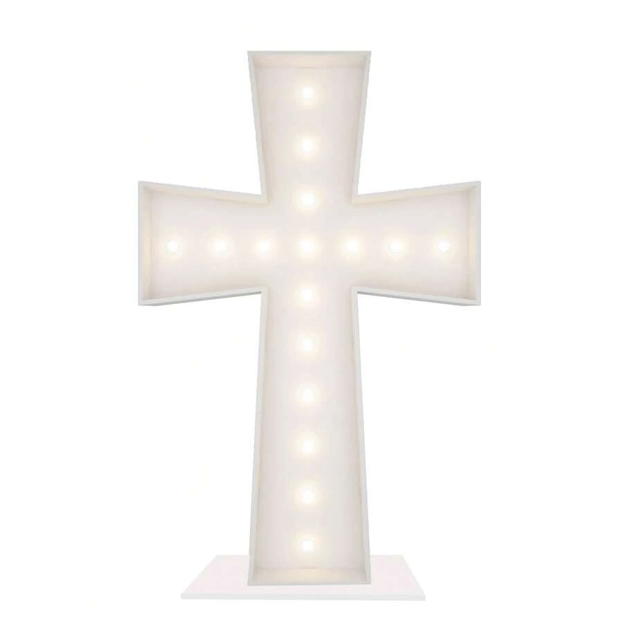 3FT Tall Marquee Light Up Cross Balloons Mosaic DIY Pre Cut Frame With Light Baptism First Holy Communion Celebration Special Day Baby Shower Birthday Engagement Wedding Party Decorations - Marquee Cross - 查看 1