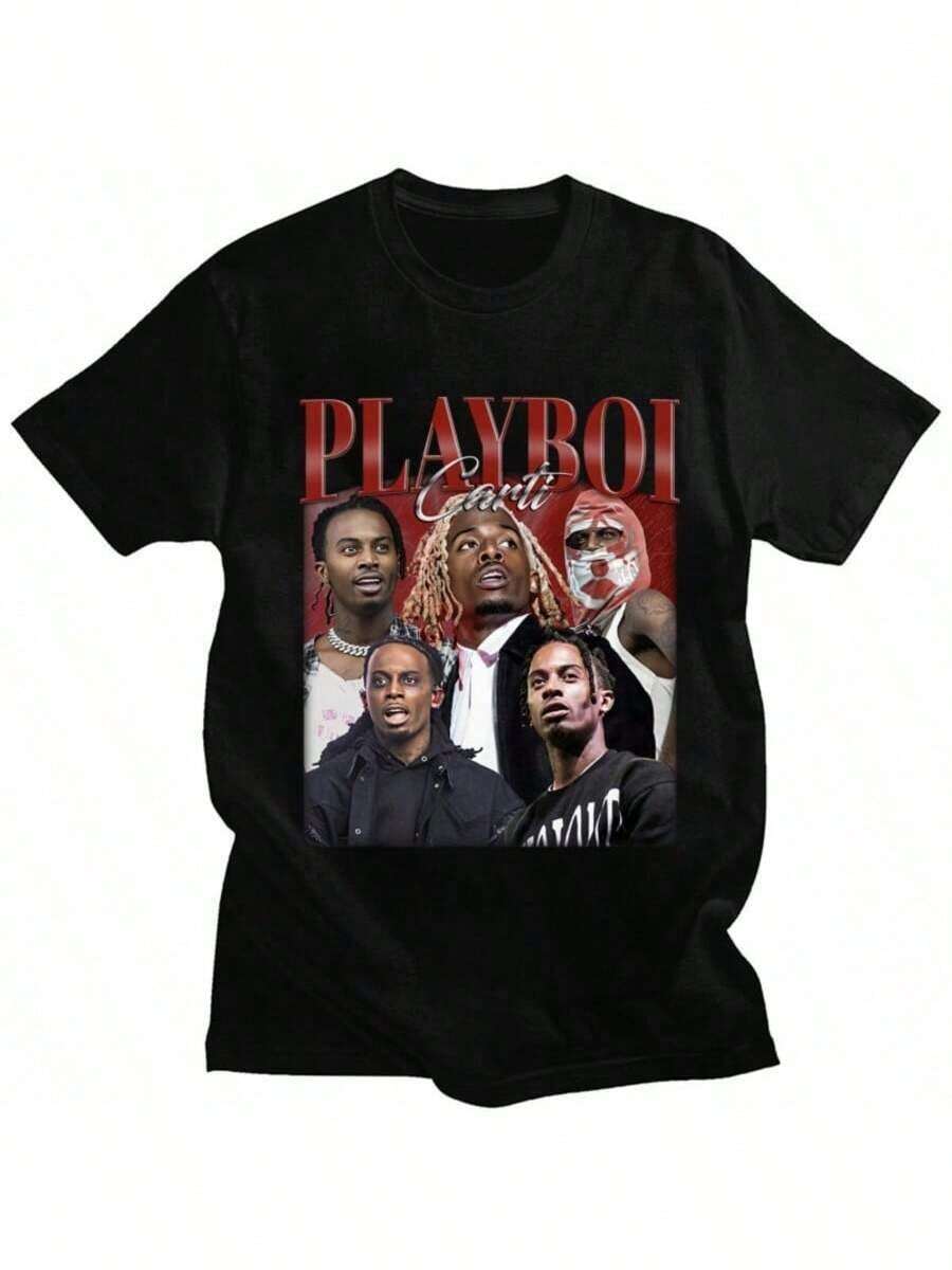 Hip Hop Playboi Cartis T-Shirt Men Women Graphic Print T-Shirts Male Summer Cotton Oversized Short Sleeve Tee Shirt Streetwear - 黑色 - 查看 1