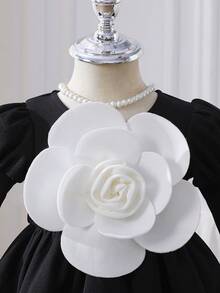 女婴黑色长袖连衣裙，新生儿正式服装，女婴服装，优雅花卉装饰，适合新生儿活动、聚会和日常穿着 - 黑色 - 查看 4