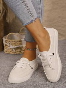 秋冬大码女士运动鞋，米色休闲运动鞋，百搭学生运动鞋，平底时尚滑板鞋，系带休闲白色运动鞋 - 米色 - 查看 7