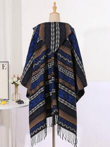 1pc Autumn/Winter Tassel Geometric Pattern Hooded Unisex Cape Shawl Outerwear For Daily Wear And Travel - Multicolor - View 3