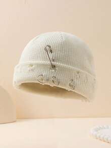 1pc Men's Solid Color Metal Ring Knit Beanie Hat, Minimalist Fashion Versatile Warm Knit Cap For Outdoor, Autumn/Winter Daily Wear Fall Outfit - A - View 7