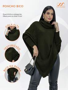 Swisz Women's Winter Poncho Knit Long Sleeve V-Neck Sweater With Scarf - 軍綠色 - 查看 4
