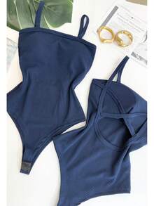 Women's Bodysuit With Braided Straps, Anarruga Fashion Blogger - Navy Blue - View 2